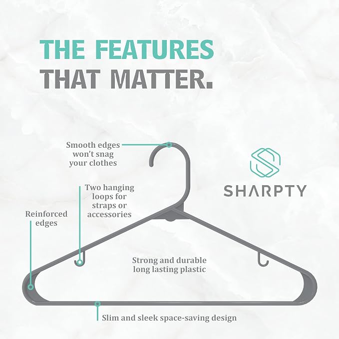 Sharpty Plastic Hangers Clothes Hangers for Clothing, Closet, Coats & Shirts - Durable, Thick, Tough & Space Saving - for Everyday Standard Use, Room Essentials & Basics - 20 Pack - Grey - Image 2