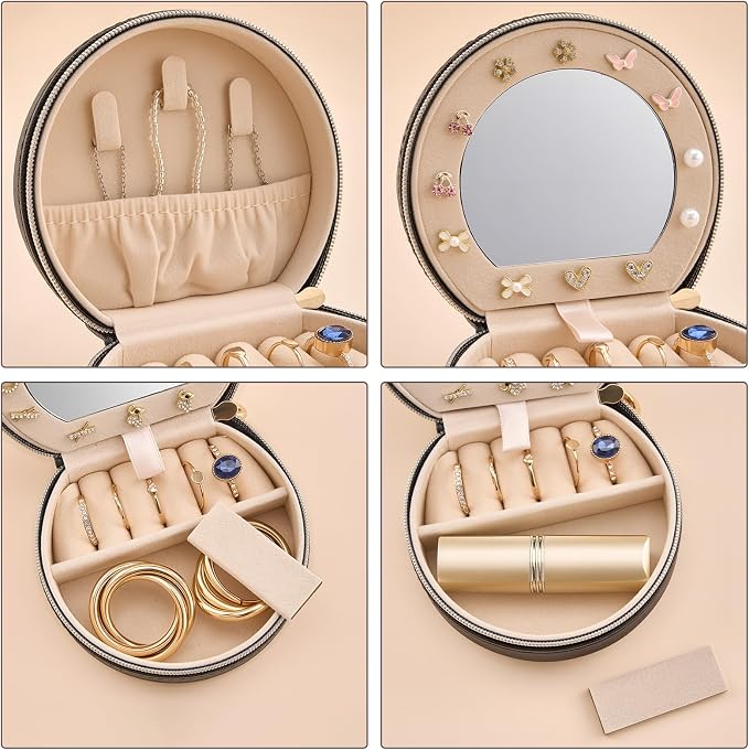 ProCase Travel Size Jewelry Box, Mini Portable Seashell-Shaped Jewelry Case with Mirror, 2 Layer Organizer in PU Leather for Women -Black - Image 3