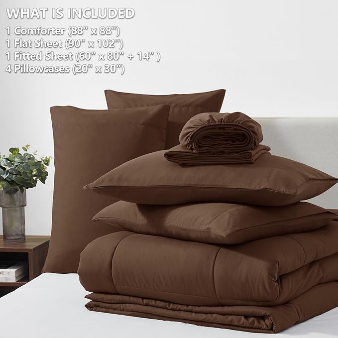 CozyLux Queen Comforter Set Brown, 7 Pieces Bed in a Bag, Brown Comforters Queen Size, All Season Bedding Sets with Stitch Quilted Comforter, Flat Sheet, Fitted Sheet, Pillowcases