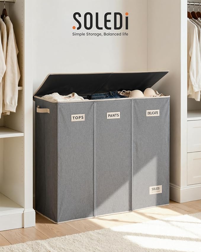 SOLEDI 200L 3-Section Laundry Hamper with Lid, Extra Large Dirty Clothes Basket with Sturdy Handles for Laundry Room & Bedroom - Durable Organizer for Sorting Laundry - Image 7