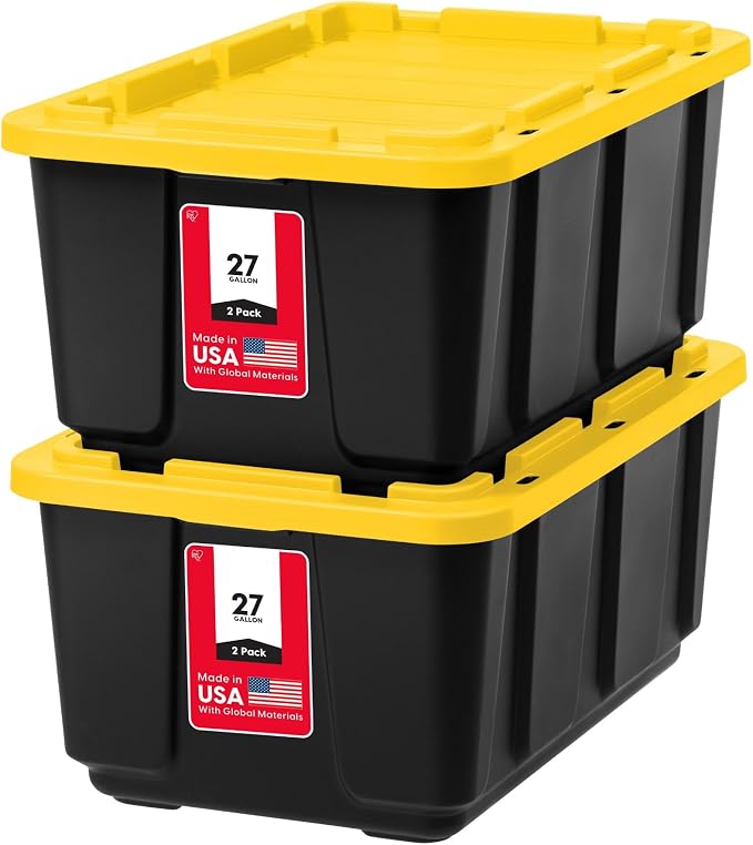 IRIS USA 2-Pack 27 Gallon Storage Bins with Lids |Made in USA| Heavy Duty Plastic Tote Containers for Truckbed Tool Box Organization, Large - Black/Yellow by IRISUSA