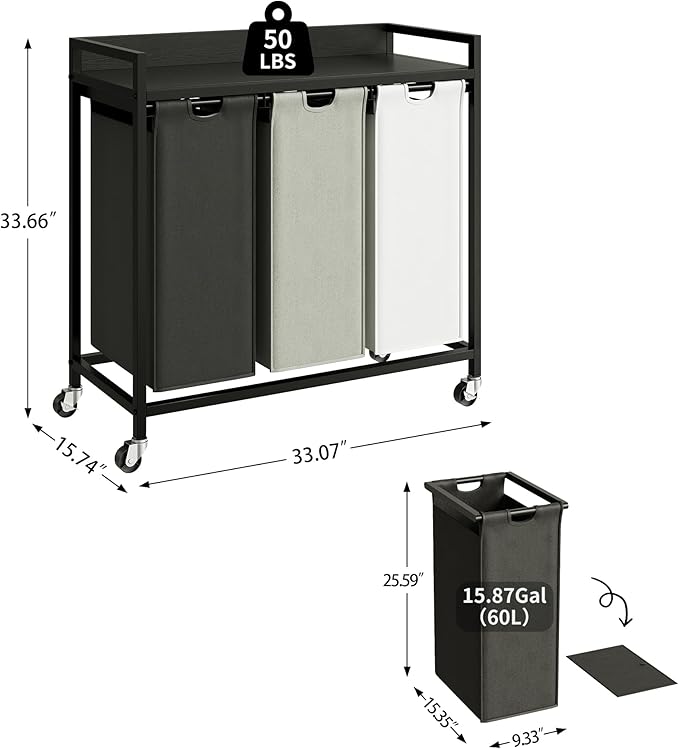 Herture Laundry Hampers with Shelf, Laundry Basket 3 Section, Laundry Sorter with Pull-Out Removable Large 3 Color Bags and Movable Wheels, Metal Frame, 3 x 15.87 Gallons (60L), Black PF04XLK - Image 4