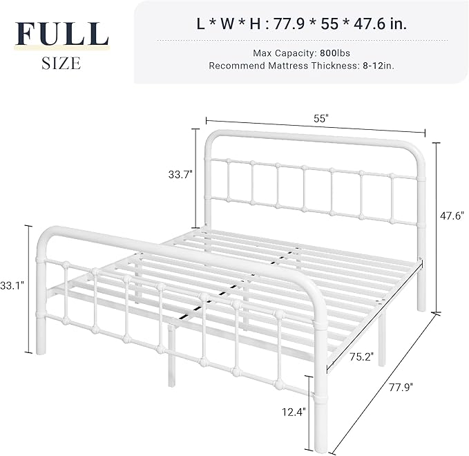 Allewie Full Size Metal Platform Bed Frame with Victorian Style Wrought Iron-Art Headboard/Footboard, No Box Spring Required, White