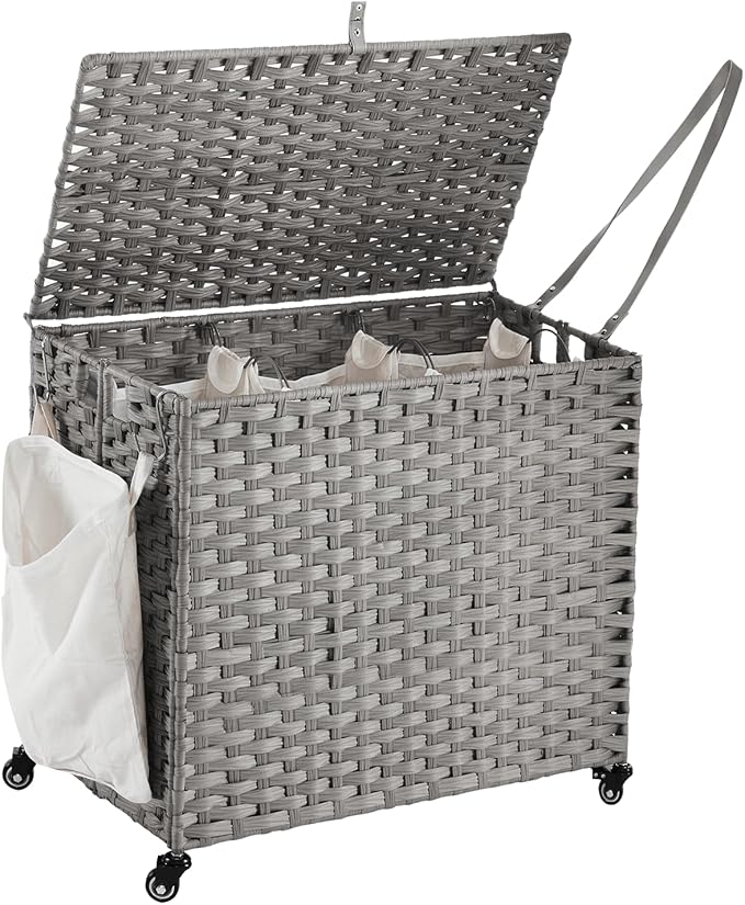 Laundry Hamper with Wheels, 34.3 Gallon(130L) Rolling Laundry Basket with Lid, 3-Section Rattan Clothes Hamper with 3 Removable Liner & 3 Mesh Bags, Laundry Sorter with Side Pocket, Grey by Hiagnete