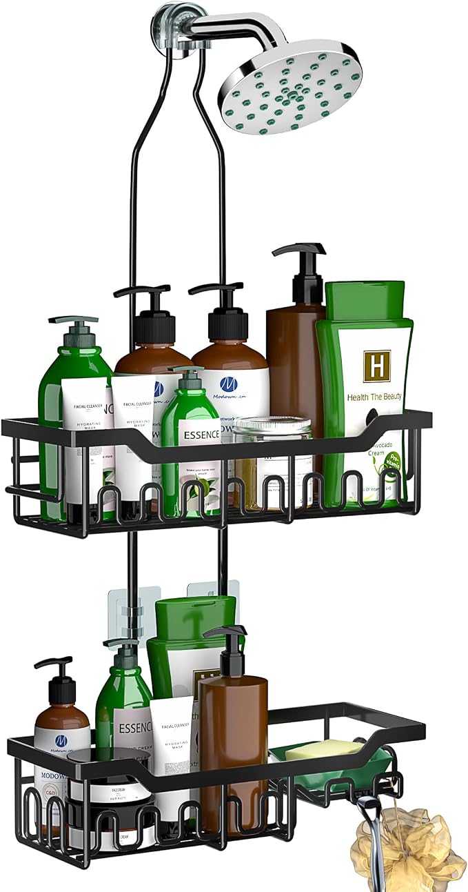 Shower Caddy Hanging Organizer, Extra Large Rack Over Showerhead with Hooks, Adjustable Height Shower Caddy for Big Shampoo Bottle, Black by Joqixon