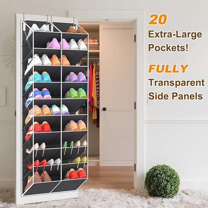 UVIAHOMI 20-30 Pairs Over the Door Shoe Organizer, Clear Pockets Hanging Shoe Storage for Closet, 10-Tier Door Shoes Rack, Handing Shoes Holder Fit All the Family's Sneakers, Boots, Heels, Dark Grey - Image 3