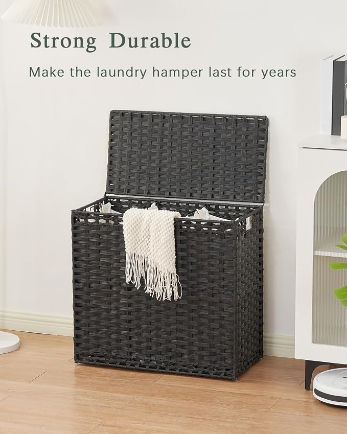 SETVSON Laundry Hamper with Lid Laundry Basket 132 L (35 Gal) Wicker Clothes Hamper, Handwoven Rattan Hamper with Handles and 4 Removable Liner Bags, 6 Mesh Bags for Laundry Bedroom Black - Image 7