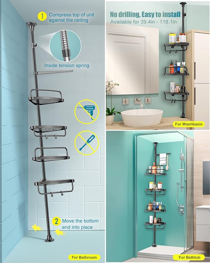 ADOVEL 4 Layer Corner Shower Caddy, Stainless Steel Constant Tension Pole Shower Organizer, Adjustable Corner Shower Shelf, Rustproof 3.3 to 9.8 ft - Image 6
