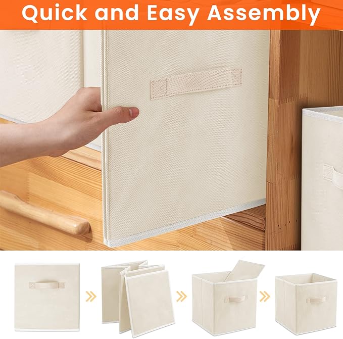 Criusia Storage Cubes - 11 Inch Heavy Duty Fabric Storage Bins for Shelves Closet Cube Organizer - 8 Pack Collapsible Cube Storage Bins Baskets for Clothes Blankets Toys - Nursery Organization (Beige) - Image 7