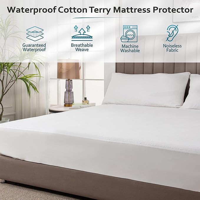 PlushDeluxe King Mattress Protector, Breathable Soft Terry Cotton Fitted Sheet Bed Cover with Deep Stretchable Pockets, 100% Waterproof, Noiseless, Hypoallergenic, Dust Mite Proof, 76"x80"x15"
