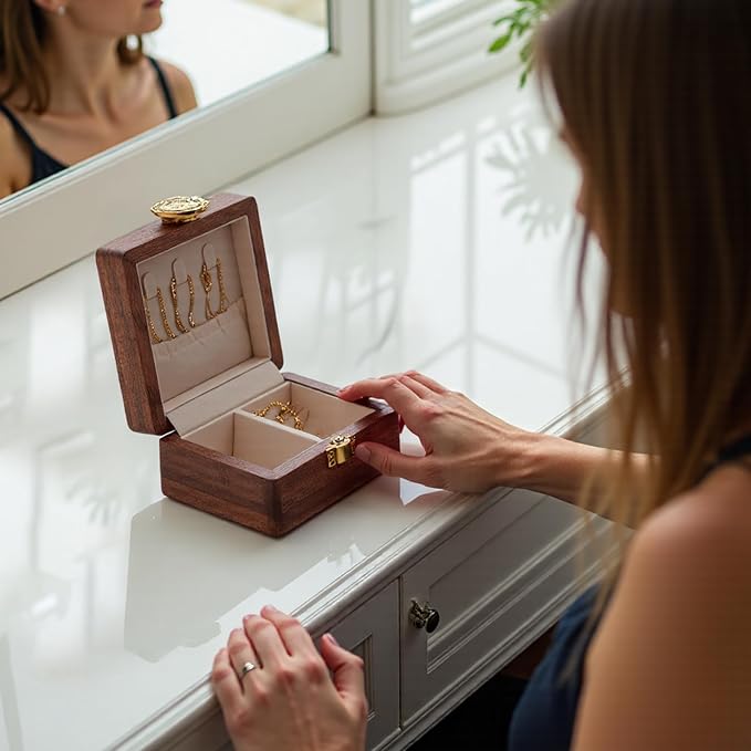 Travel Jewelry Case Wood Small Jewelry Box for Women Wood Jewelry Organizer Storage Holder For Earrings Rings Necklaces Velvet Wooden Jewelry Box With Lock - Image 6