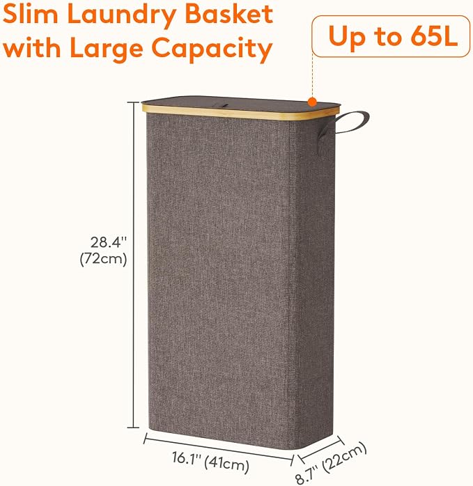 Lifewit 65L Slim Laundry Hamper with Lid, Narrow Laundry Basket with Removable Bag & Bamboo Handles, Fodable Thin Dirty Clothes Hamper for Laundry Collapsible Bin for Bathroom Bedroom Dorm, Brown - Image 3