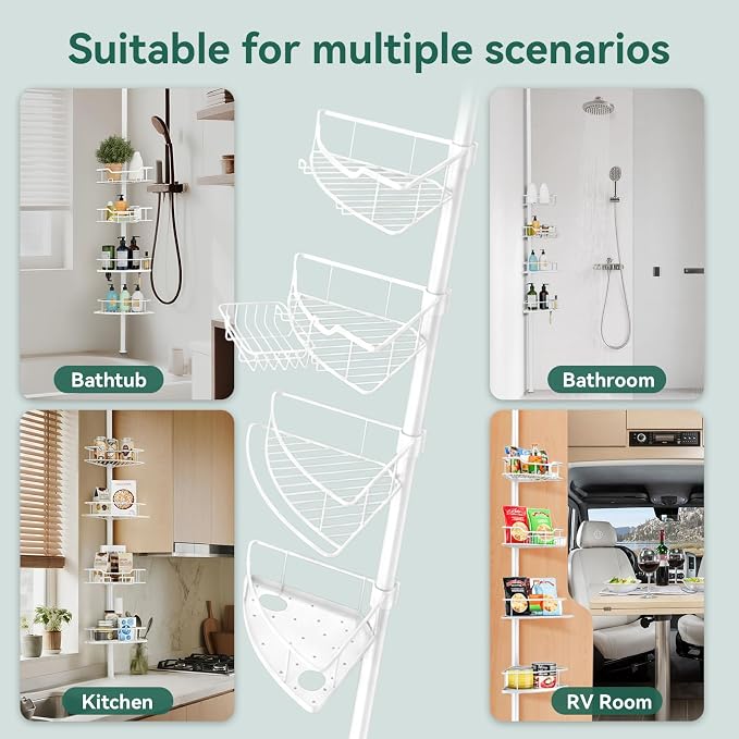 Corner Shower Caddy Tension Pole, 4 Tier Rustproof Shower Tension Rod Organizer, Adjustable 25-125 Inch Bathroom Shower Organizer Shelves for Bathtub Shampoo Storage, White - Image 6