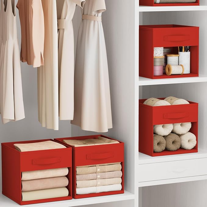 DIMJ Cube Bins, 12.2-Inch Storage Bins Cubes with Window, 6 Packs Collapsible Storage Bins with Handles, Closet Storage Baskets for Organizing Living Room, Office,8 Pack,Red - Image 5
