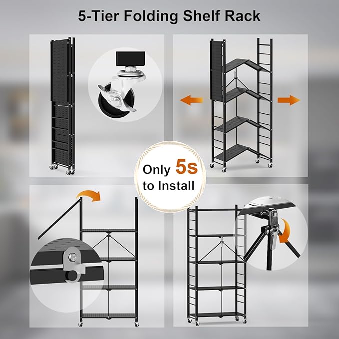 Himix Storage Shelves with 20 Hooks, 5-Tier Collapsible Organization Storage Rack Bookshelf Folding Pantry Shelves Cube Shelf Wire Shelving Holds 440 Ibs for Garage Kitchen Room, Black - Image 4