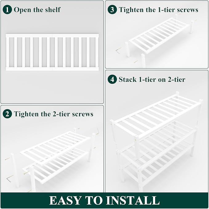 Smiry Shoe Rack, 3 Tier Thick Bamboo Shoe Organizer, Stackable Free Standing Wooden Shoe Storage Shelf for Closet, Entryway, Front Door Entrance, White - Image 5