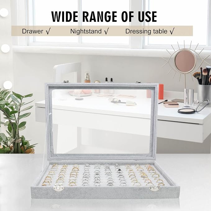 Siveit Ring Display Case Organizer Box with Transparent Lid 100 Slot Holder Showcase For Store Display Jewelry Show Home Organizer For Jewelry Rings Studs Earrings (Grey) - Image 6