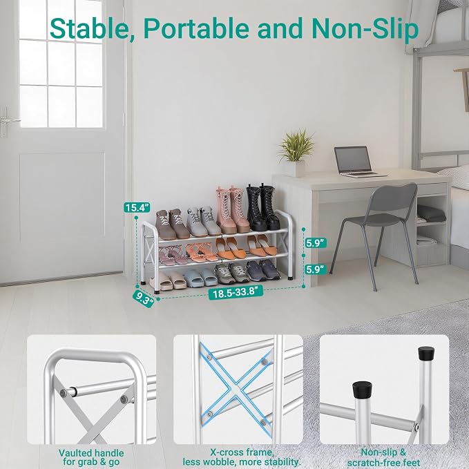 YEASHEIN 2-Tier Expandable Shoe Rack for Closet Floor, X-Frame Metal Small Shoe Rack for Entryway, Adjustable Shoe Shelf Organizer, Free Standing Shoe Racks for Front Door Entrance, Garage - White - Image 2