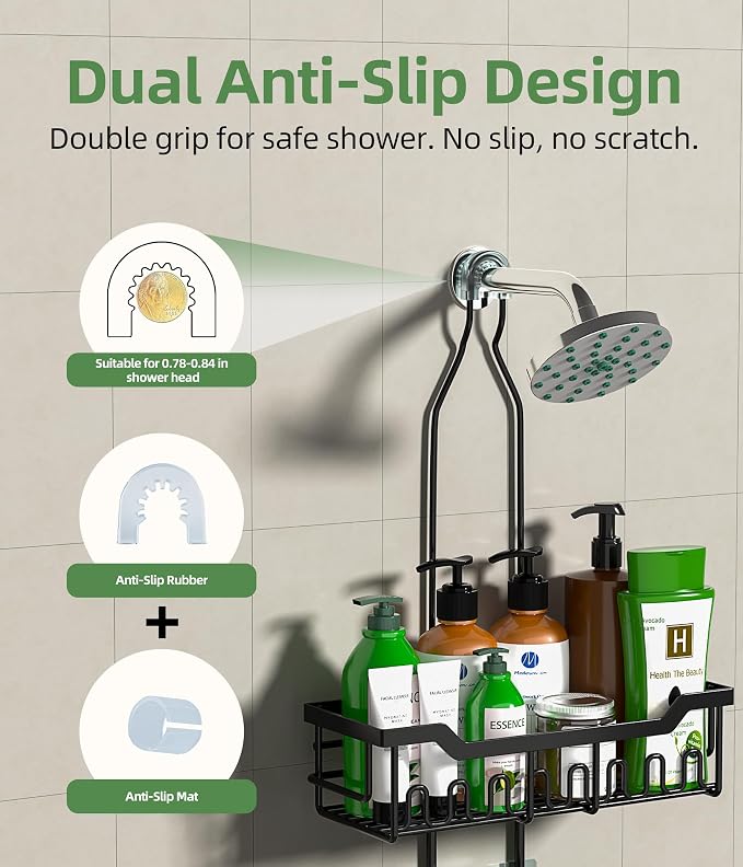 Shower Caddy Hanging Organizer, Extra Large Rack Over Showerhead with Hooks, Adjustable Height Shower Caddy for Big Shampoo Bottle, Black - Image 4
