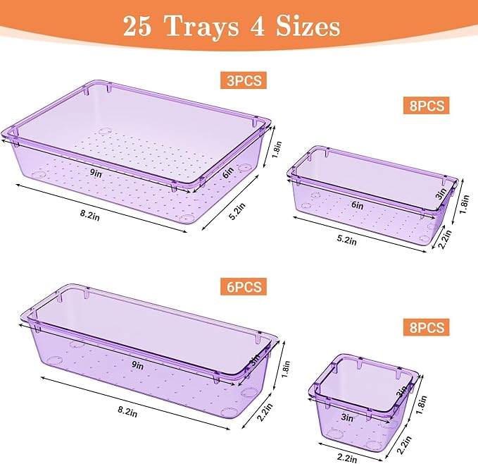 SpaceHacks 25 PCS Plastic Drawer Organizer Set, 4-Size Versatile Organizer Trays & Storage Bins for Makeup, Jewelry, and Gadgets in Bathroom, Bedroom and Office,Clear Purple - Image 2