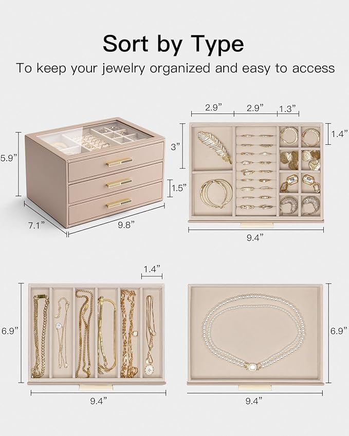 VLANDO 3 Layer Jewelry Box for Women, Mothers Day Gifts for Women, Glass Lid Jewelry Organizer with 3 Drawers for Necklaces Rings Earrings Bracelets - Toffee - Image 3