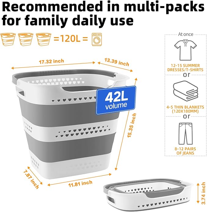 3 Pcs 42L Medium Collapsible Plastic Laundry Basket with Handles, Foldable Laundry Basket Hamper, Pop Up Storage Container Organizer for Washing Storage (Gery, 17 Inch * 13 Inch * 15 Inch) - Image 2