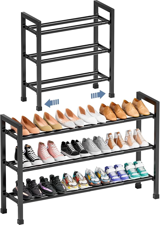 Mavivegue 19“- 43” Adjustable Shoe Rack, 3 Adjustable Length, 3 Tier Expandable Shoe Rack for Closet, Entryway, Shoe Shelf, Black by Mavivegue