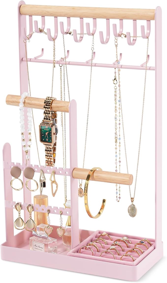 ProCase Cute Jewelry Stand, Aesthetic Jewelry Organizer for Dresser Vanity, Jewelry Holder Display for Necklaces Earrings, Gifts for Teen Girls Women, Bedroom Dorm Decor -Large, Pink by ProCase