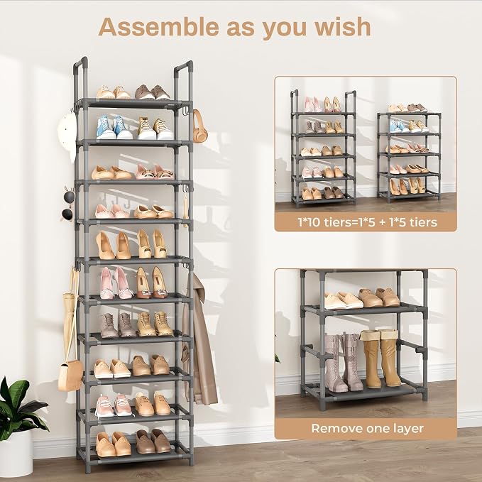 VTRIN 10 Tiers Tall Shoe Rack Holds 20-25 Pairs of Shoes Sturdy Vertical Shoe Organizer with 18pcs Hooks Stackable Narrow Shoe Rack for Closet, Entryway Grey - Image 5