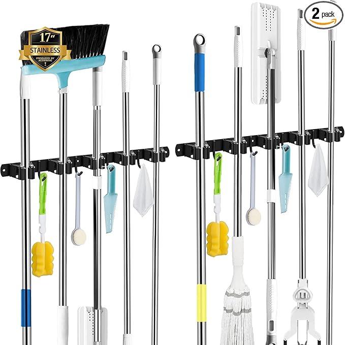 AceMining 2 Pack Black 5 Racks and 4 Hooks Mop and Broom Holder Wall Mount, Broom Organizer Storage Tool Racks Stainless Steel Heavy Duty Hooks Self Adhesive Solid Non-slip for Home Kitchen Garden by AceMining