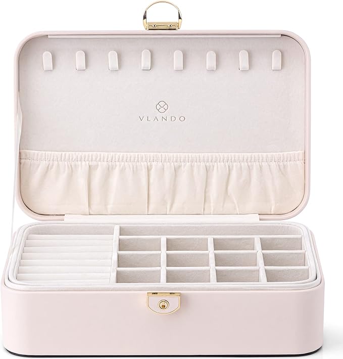 Vlando 2-Layer Jewelry Box,Valentines Day Gifts for Her Jewelry Organizer for Women Removable Jewelry Tray for Earrings Necklace,Gift Ideas,Birthday Graduation Gifts Apricot Pink - Image 7