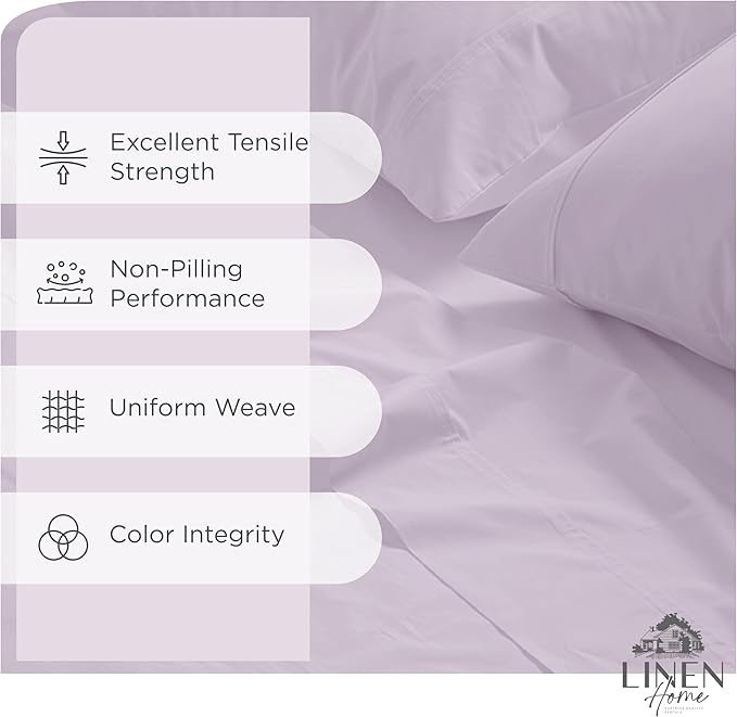 Linen Home 100% Cotton Percale Sheets King Size - Crisp Cool Breathable, 16 Inch Deep Pocket, Soft Durable 4-Piece King Bed Sheet Set 1 Flat, 1 Fitted, 2 Pillowcases, Iris Lilac