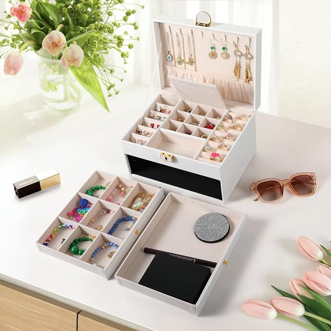 coobest 3 Layer Jewelry Box, Lockable Jewelry Holder Organizer with Jewelry Drawer, Large Jewelry Boxes & Organizer with Velvet Earring Storage, Unique Gifts for Women Mom - Image 4