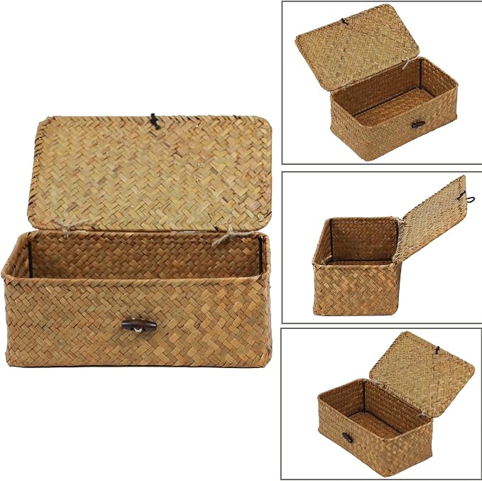 Wicker Storage Basket with Lid, Natural Seagrass Storage Baskets for Organizing, Rectangular Woven Basket for Storage, Decorative Boxes Bins with Lids Home Organizer Decor - Image 8