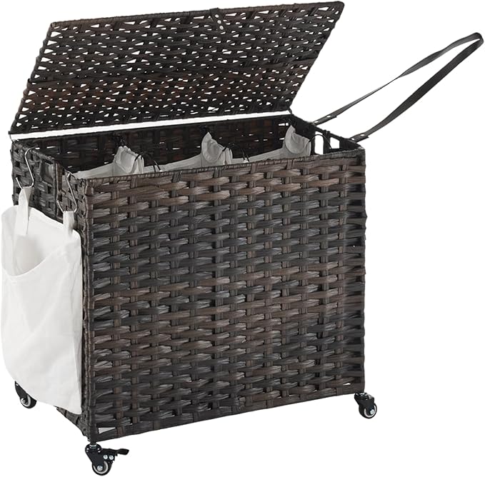 Laundry Hamper with Wheels, 34.3 Gallon(130L) Rolling Laundry Basket with Lid, 3-Section Rattan Clothes Hamper with 3 Removable Liner & 3 Mesh Bags, Laundry Sorter with Side Pocket, Brown by Hiagnete