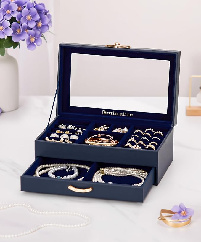 Enthralite Jewelry Box with 1 Drawers: Display Organizer for Earrings Necklaces - Gifts for Girls Women (Dark Blue) - Image 7