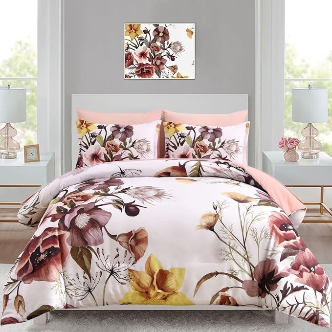 Luxudecor Floral Comforter Set King Size 7 Piece, Blush Flower Bed in a Bag, Elegant Floral Comforter with Sheet Set, Soft Microfiber Bedding Set for All Season (Blush, 104"x90")