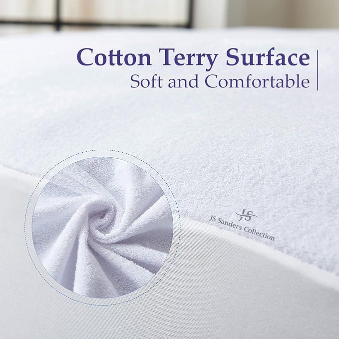 JS Sanders Collection Texas King 80x98 Size Mattress Topper - 100% Waterproof Cover Protector with 15" Deep Pocket Fitted Style Super Soft Cotton Terry Fabric Mattress Cover