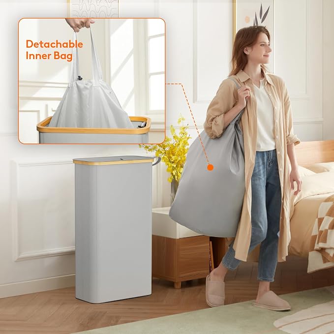 Lifewit 65L Slim Laundry Hamper with Lid, Narrow Laundry Basket with Removable Bag & Bamboo Handles, Fodable Thin Dirty Clothes Hamper for Laundry Collapsible Bin for Bathroom Bedroom Dorm,Silver Grey - Image 4