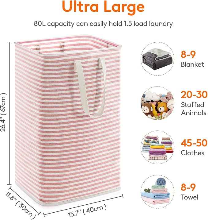 Lifewit 1 Pack Laundry Basket 80L Each, Collapsible Clothes Hamper with Reinforced Handles, Freestanding Waterproof Design for Bedroom and Laundry Room, Pink 80L Total - Image 3