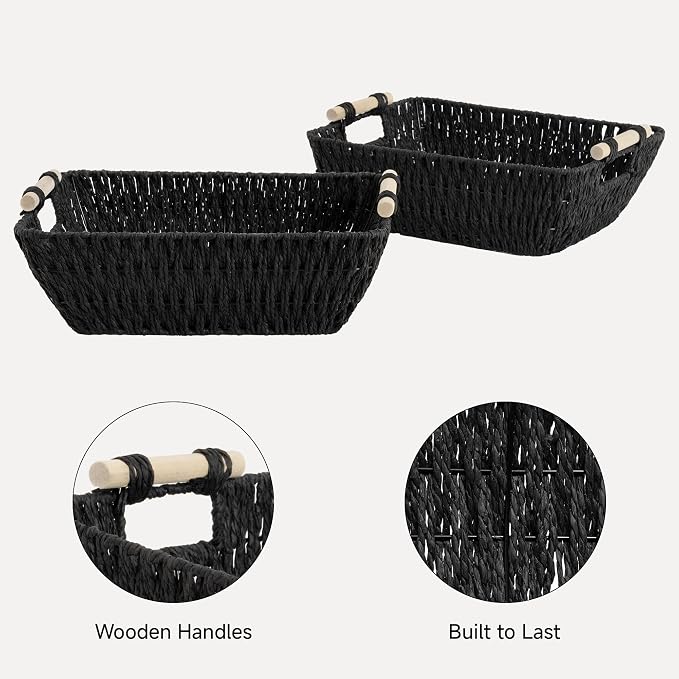 StorageWorks Large Wicker Storage Basket for Organizing with Wooden Handles, Toilet Paper Baskets for Shelf, Black, 2-Pack - Image 4