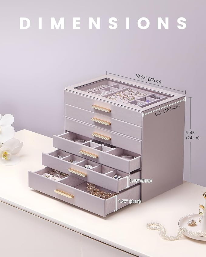 Lolalet Jewelry Box Organizer, 6-Layer Jewelry Organizers and Storage Case with Glass Lid, Ring Earring Bracelet Necklace Holder Organizer, Birthday Valentine Gifts for Women Girls -6Layer, HazePurple - Image 4