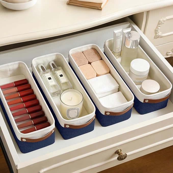 Bagnizer Small Fabric Storage Baskets, 15x6x5 inch Narrow Storage Bins 4-Pack Long Storage Basket for Organizing with Handles, Decorative Basket for Closets, Shelves, Toilet Paper, Navyblue - Image 5