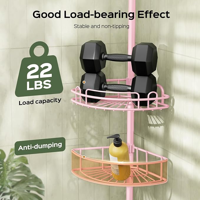 HAMITOR Corner Shower Caddy Tension Pole: 4-Tier Rust-Resistant Adjustable Bathroom Organizer Shelves - 47-121 Inch No-Drill Quick Installation - Space-Saving Storage for Renters Family - Pink - Image 6
