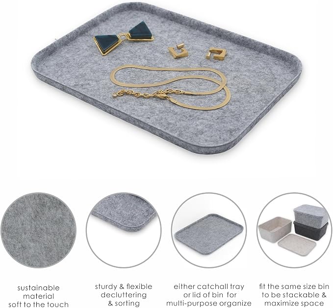Welaxy Felt tray Lid for Storage Bins Drawer Organizer bin cap of box for junk stuff stationery makeup jewelry closet bathroom minimalist lifestyle (Gray Lid, S) - Image 4