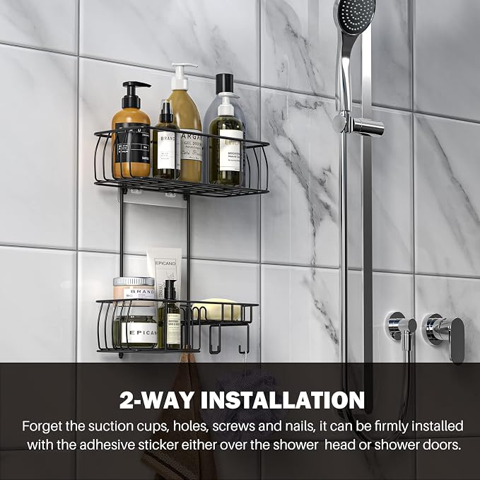 Epicano Shower Caddy Hanging, Anti-Swing Over Head Shower Caddy Rustproof with Hooks for Towels, Sponge and More, Matte Black - Image 3