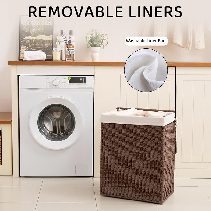 OIAHOMY Laundry Hamper with Lid, 90L(23.8 Gal) Large Wicker Laundry Basket for Bedroom, Handwoven Paper Rope Clothes Hamper with Washable Liner & Metal Frame, Decorative Organizer for Bathroom Brown - Image 6