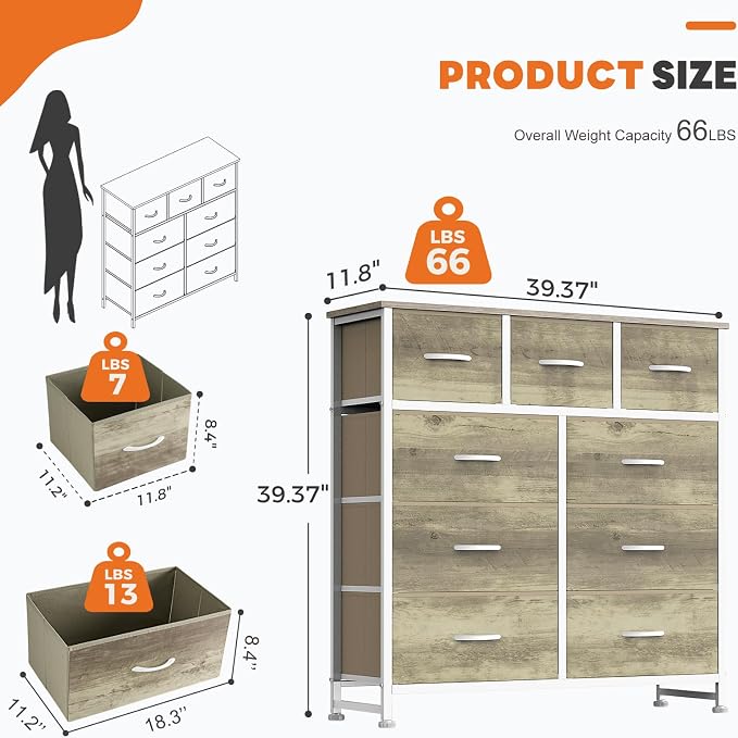 Sweetcrispy 9 Drawer Fabric Dresser Storage Tower with Wood Top and Steel Frame, Organizer Chest with Easy Pull Handles for Bedroom, Closet, Hallway,Oak Greige - Image 3