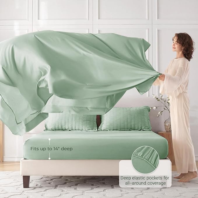MUXHOMO 5 Pieces Twin XL Comforter Set, Seersucker Bed in a Bag Twin XL Size, All Season Luxury Bedding Set with Comforter, Flat Sheet, Fitted Sheet, Pillowcase & Sham, Sage Green