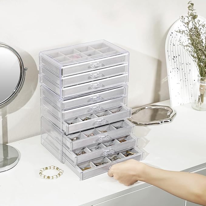 Lolalet Earring Holder Organizer Box Jewelry Storage with 9 Drawers, Clear Acrylic Stackable Earring Case with Adjustable Velvet Trays for Women on Dresser Vanity -Grey, 9 Layers - Image 6